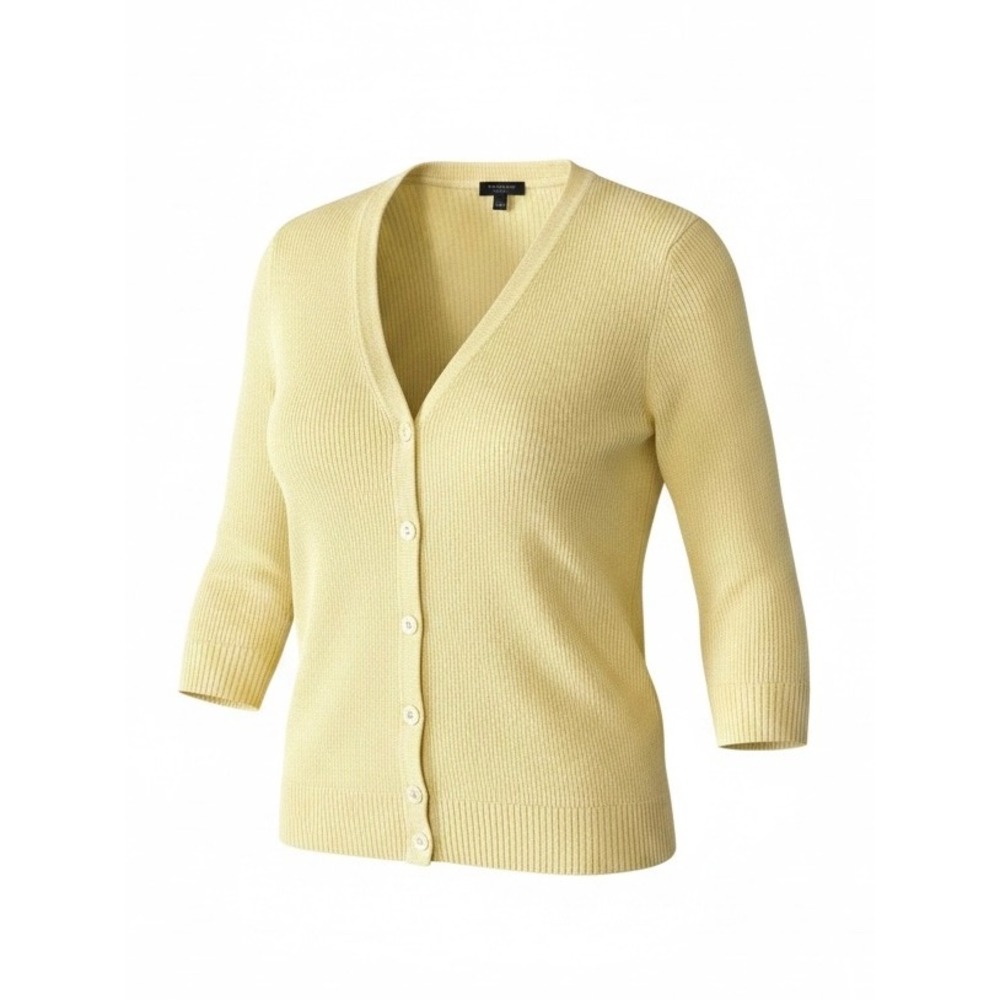 Talbots Petites Yellow V-Neck Linen 3/4 Sleeve Button Front Cardigan Sweater LP